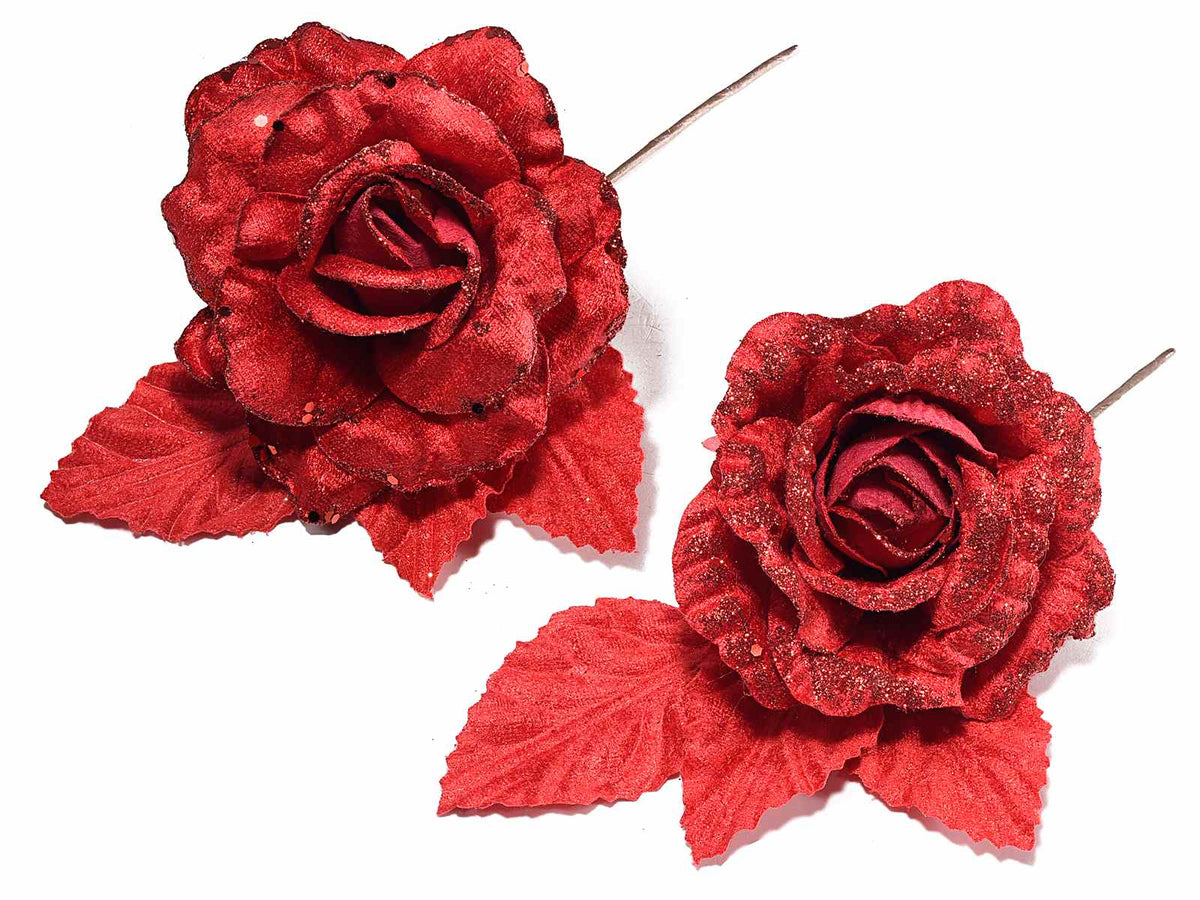 Rose rosse pick artificiali in stoffa con glitter, set da 12 pezzi, cm 12 H (con gambo22)