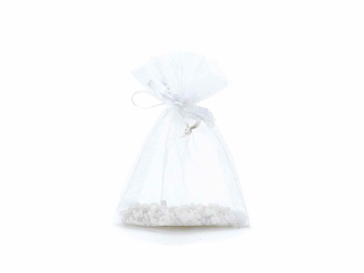 Sacchetto in organza bianco neve con coulisse in raso di chiusura ideale, set da 100 pezzi, cm8x11H (al tirante7,5)