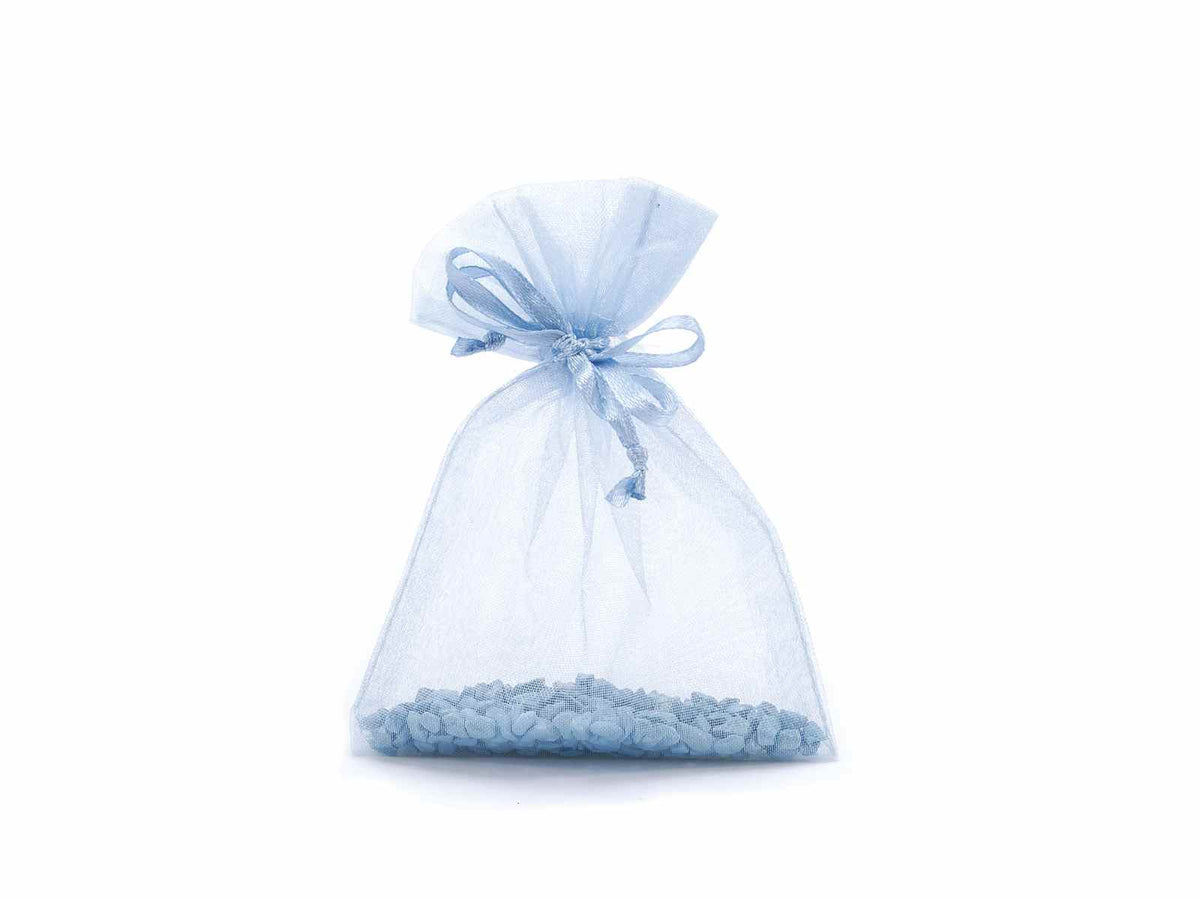 Sacchetto in organza azzurro con nastrino di chiusura in raso è un'ottima, set da 100 pezzi, cm8x11H (al tirante7,5)