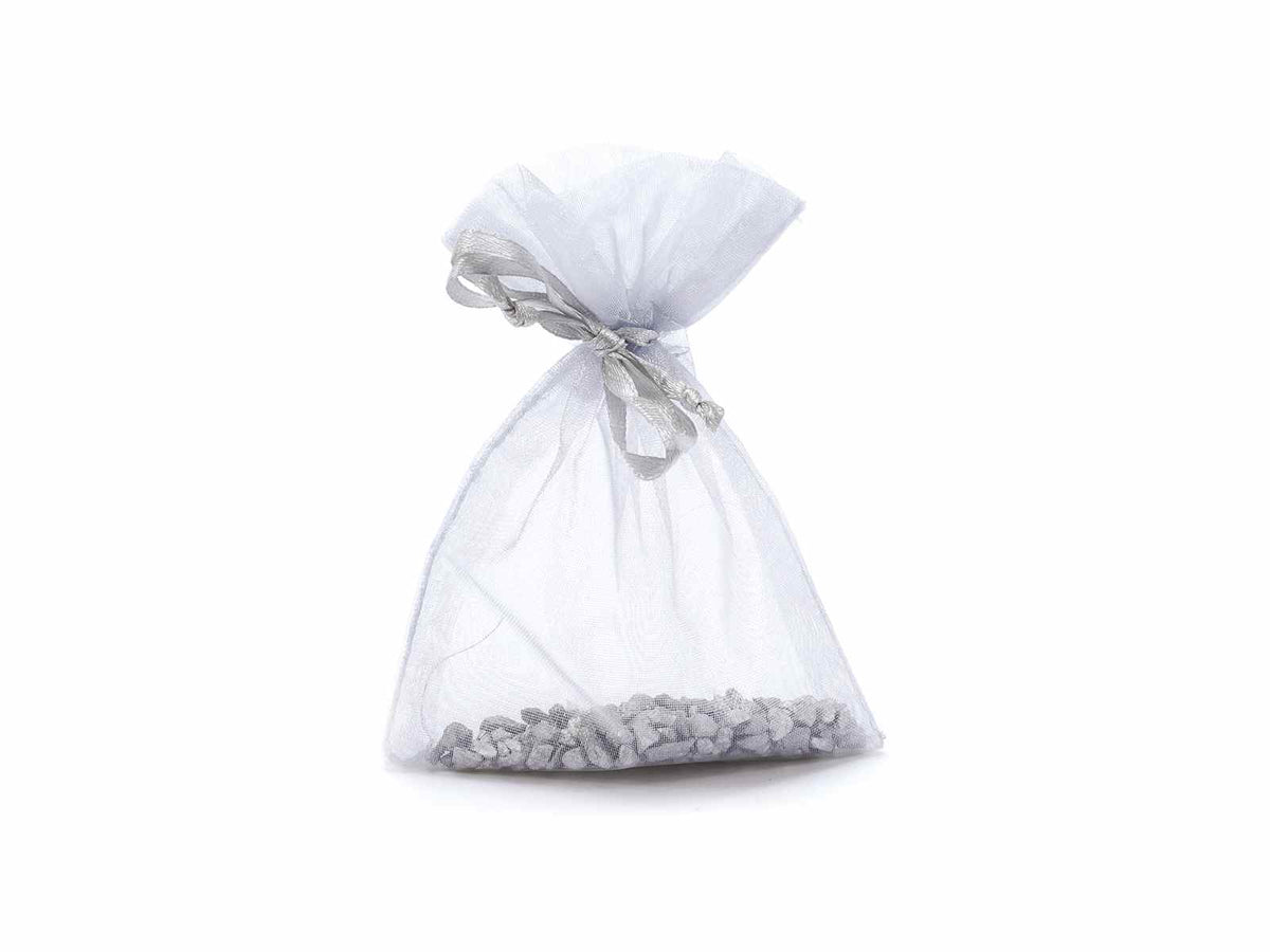 Sacchetto in organza argento con coulisse di chiusura in raso ideale, set da 100 pezzi, cm8x11H (al tirante7,5)