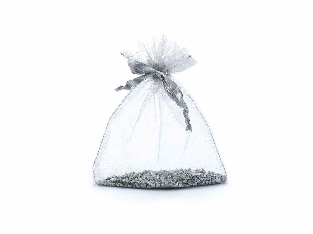 Sacchetto in organza argento con coulisse di chiusura in raso ideale, set da 50 pezzi, cm 12x16H (al tirante11,5)