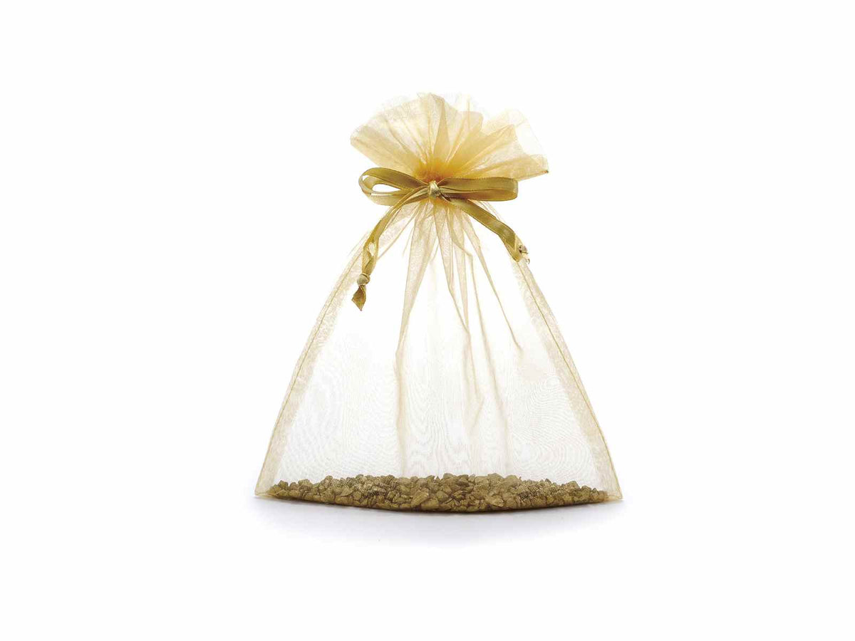 Sacchetto in organza oro con coulisse di chiusura in raso è una soluzione, set da 50 pezzi, cm 17 x 22 H (al tirante17)