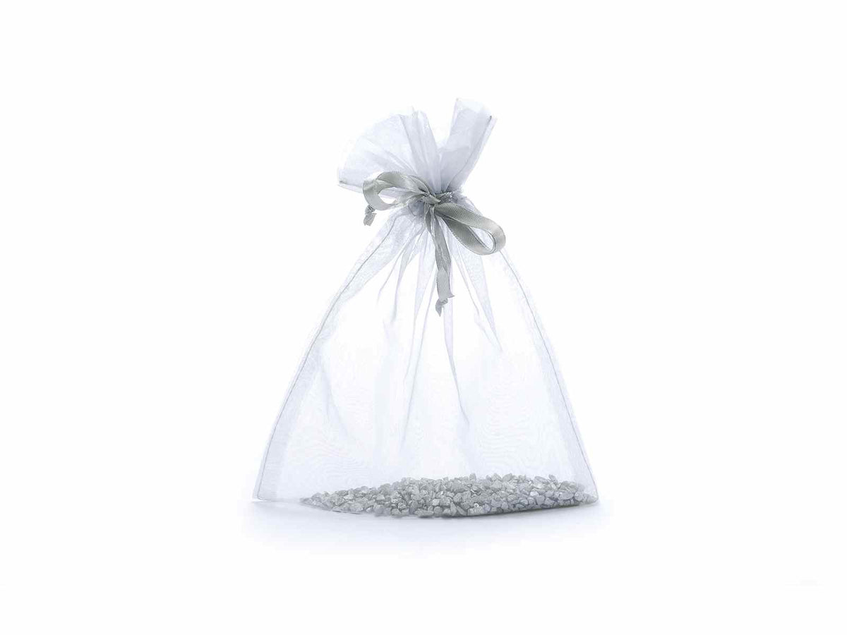 Sacchetto in organza argento con coulisse di chiusura in raso ideale, set da 50 pezzi, cm 17 x 22 H (al tirante17)