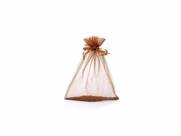 Sacchetto in organza bronzo con coulisse di chiusura in raso. Elegante, set da 30 pezzi, cm 23x30H (al tirante 24,5)