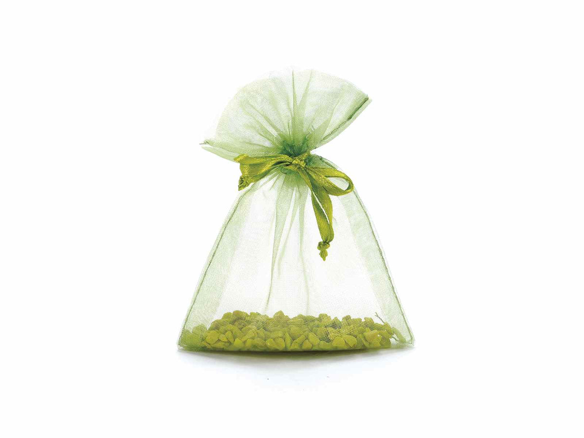 Sacchetti in organza verde mela con coulisse di chiusura in raso è, set da 100 pezzi, cm 8x11H (al tirante7,5)