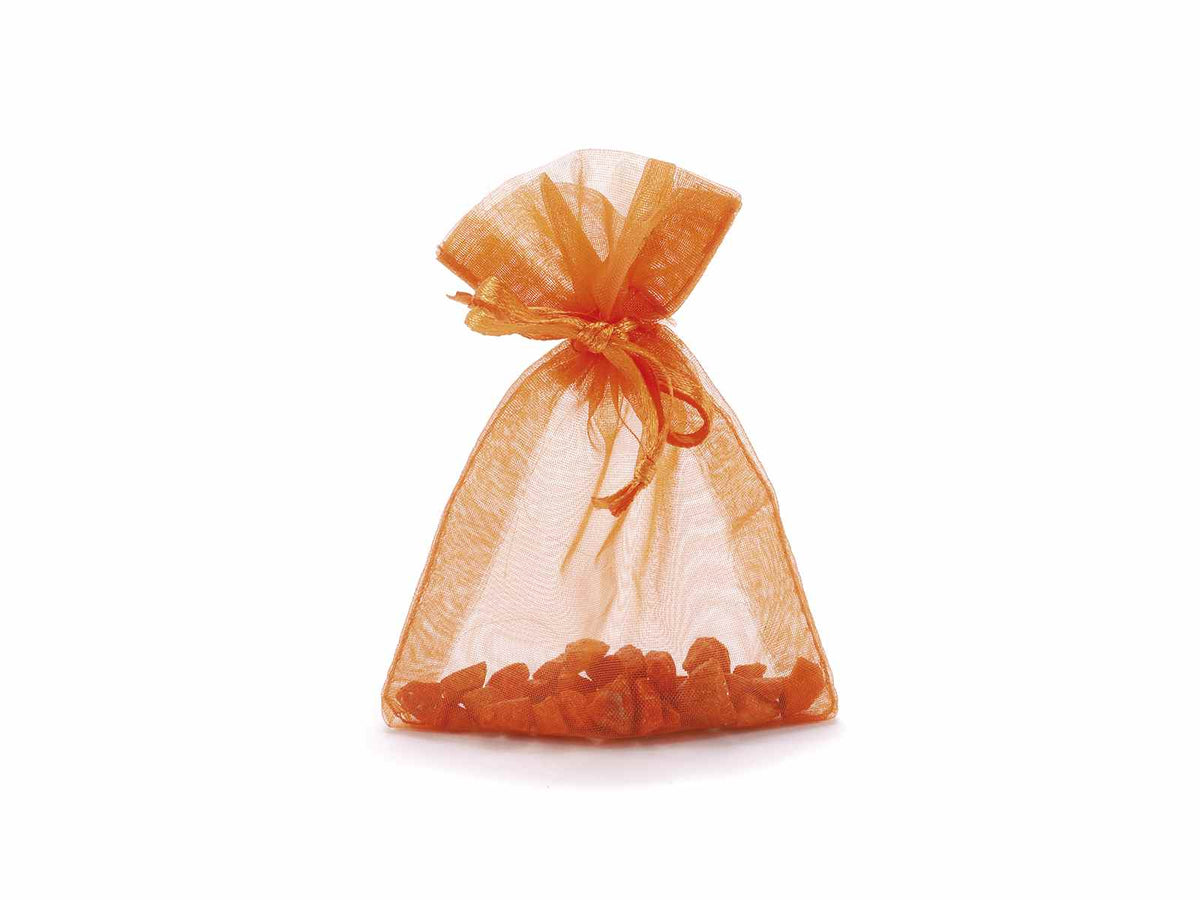Sacchetti in organza arancione fiamma con tirante di chiusura, è ideale, set da 100 pezzi, cm8x11H (al tirante7,5)