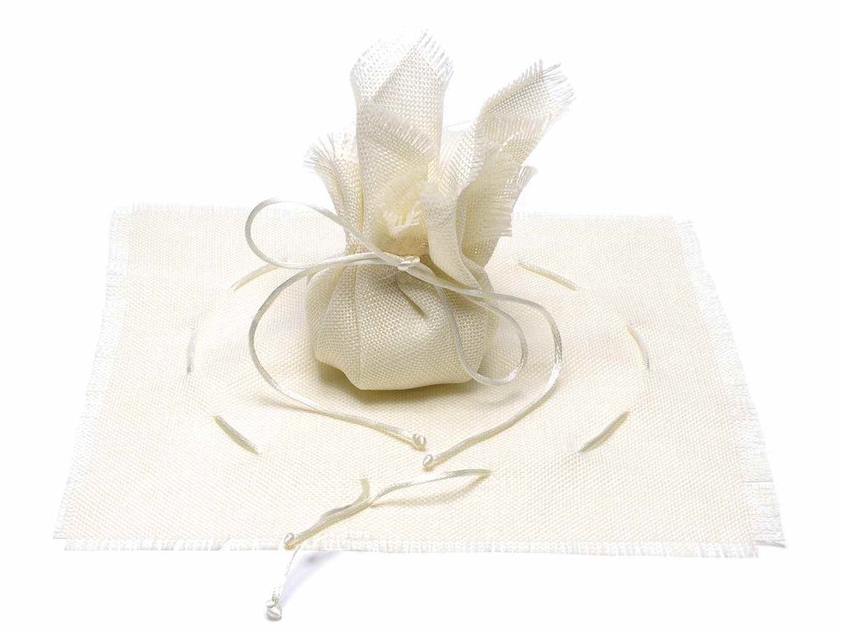 Tulle per bomboniere quadrato in cotone ecrù con bordo sfrangiato e tirante, set da 12 pezzi, cm25,5x25,5H-Interno:Ø15