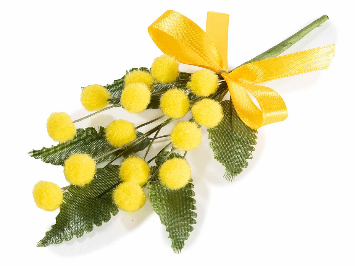 Mazzolino di mimosa artificiale con fiore lanoso e nastrino giallo, ideale, set da 30 pezzi, cm 10 H (con gambo 16)
