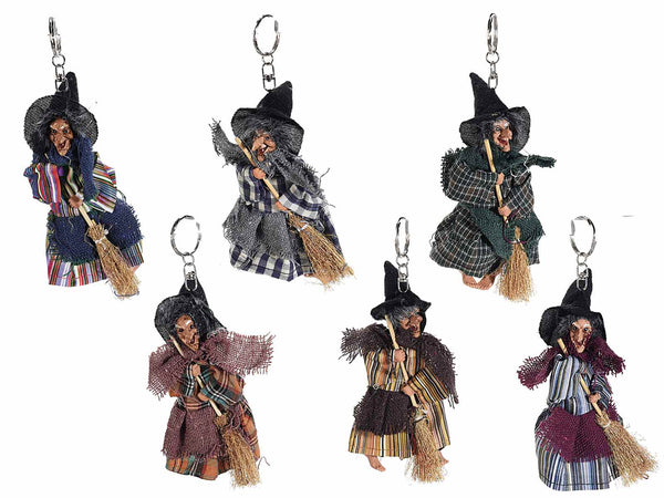 Porta chiavi con Befana strega in stoffa e resina con scopa, set da 12 pezzi, cm 13 H (capp.esteso)
