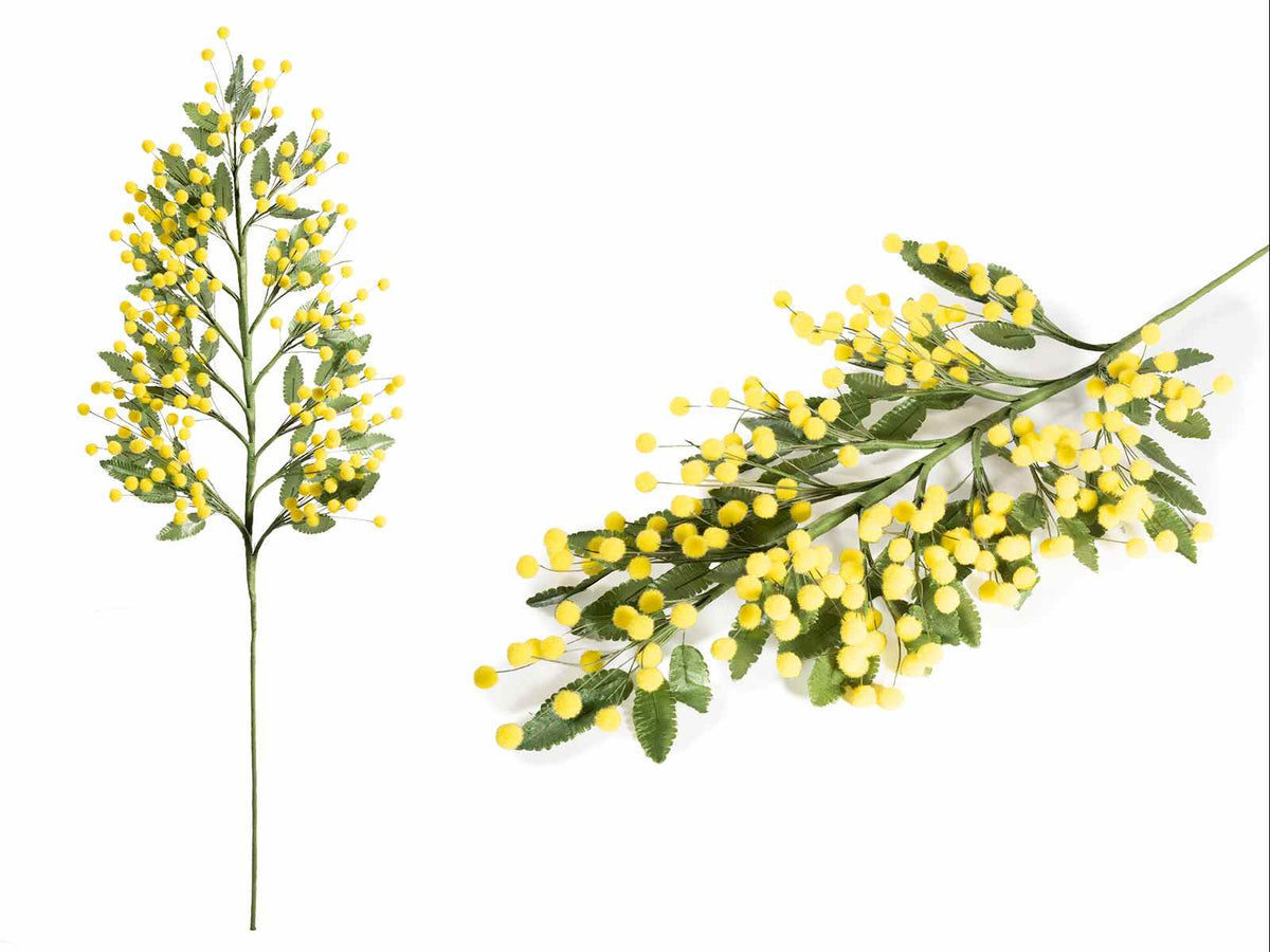 Ramo di mimosa artificiale con fiore lanoso, ideale per composizioni floreali, set da 2 pezzi, cm 43 H (con gambo 75)