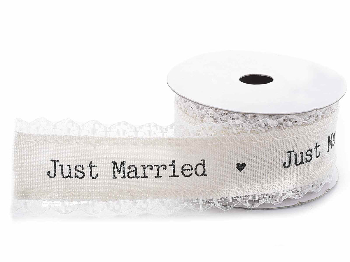 Nastro in pizzo e cotone per matrimoni con stampa Just Married, set da 2 pezzi, mm 38 x 10 mt