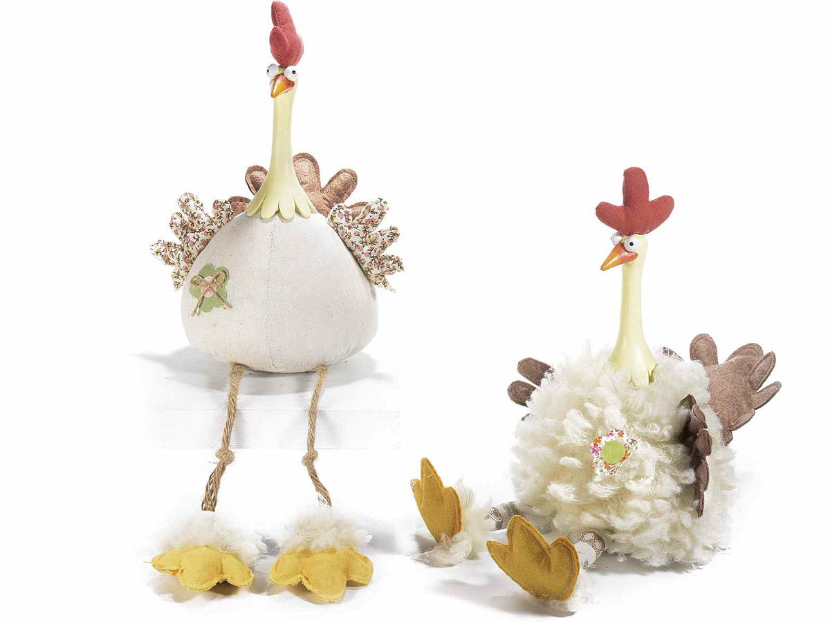 Polli di Pasqua decorativi in stoffa e lana con gambe e collo lunghi, set da 2 pezzi, cm15,5x18,5x28H (con gambe46)