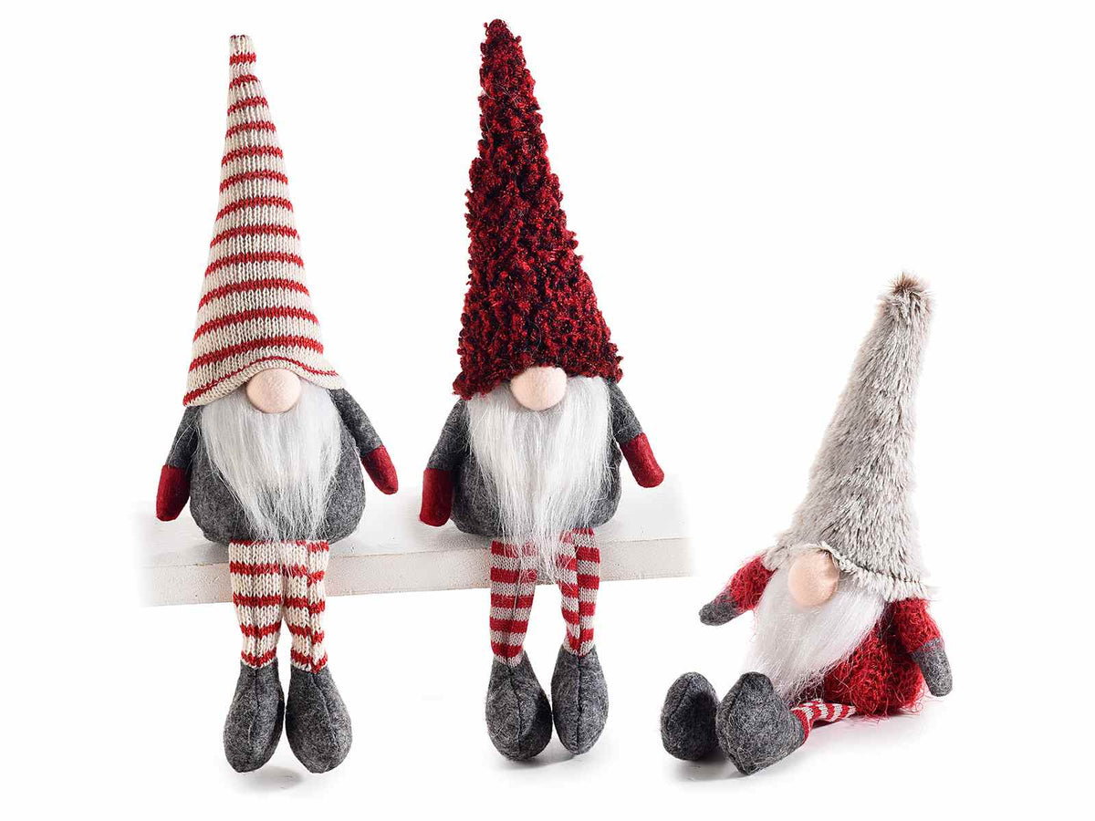 Babbo Natale / gnomo in stoffa con gambe lunghe e cappello modellabile, set da 3 pezzi, cm 9x6,5x23 H (capp.esteso)