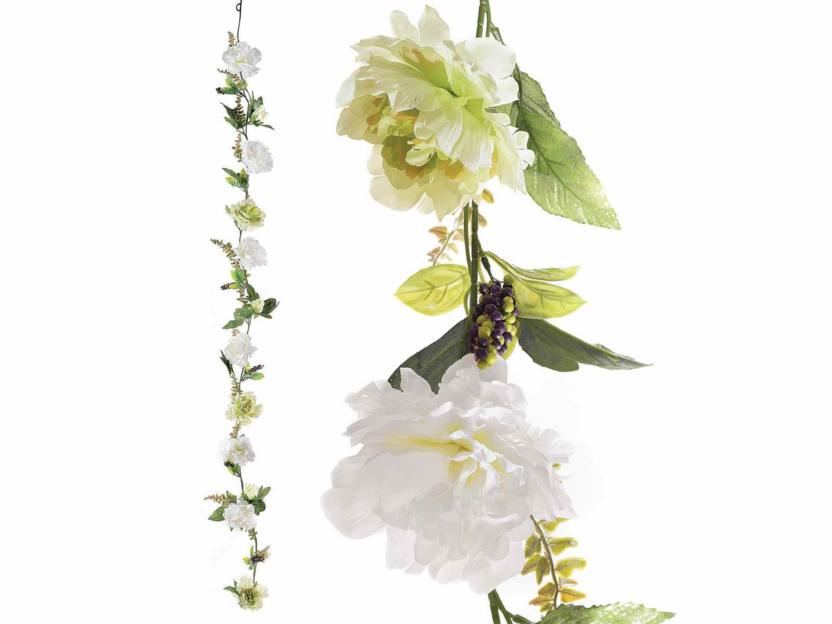 Rami / ghirlande primaverili con peonie bianche e bacche artificiali, set da 2 pezzi, m 2,20