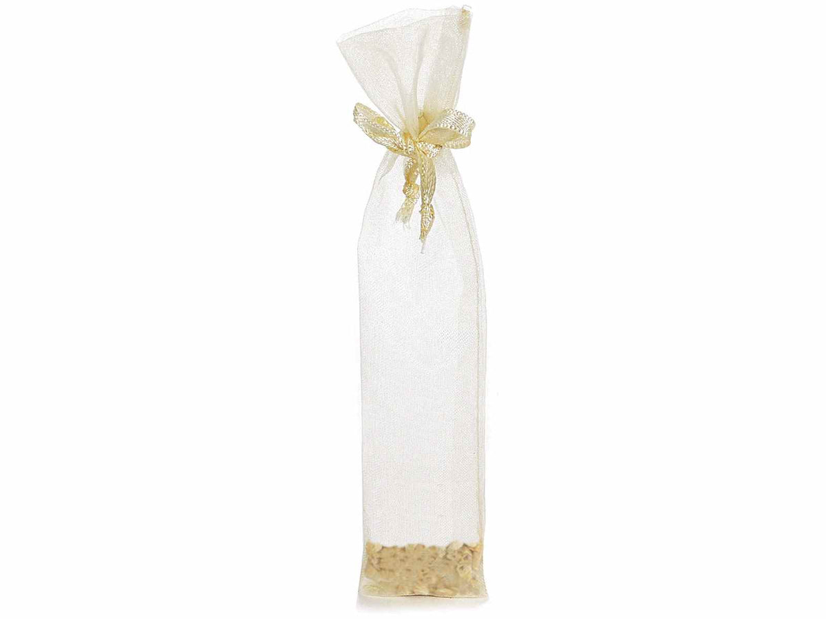Sacchettini porta confetti in organza ecrù con tirante. Elganti, set da 100 pezzi, cm 3 x 13 H (al tirante 10)