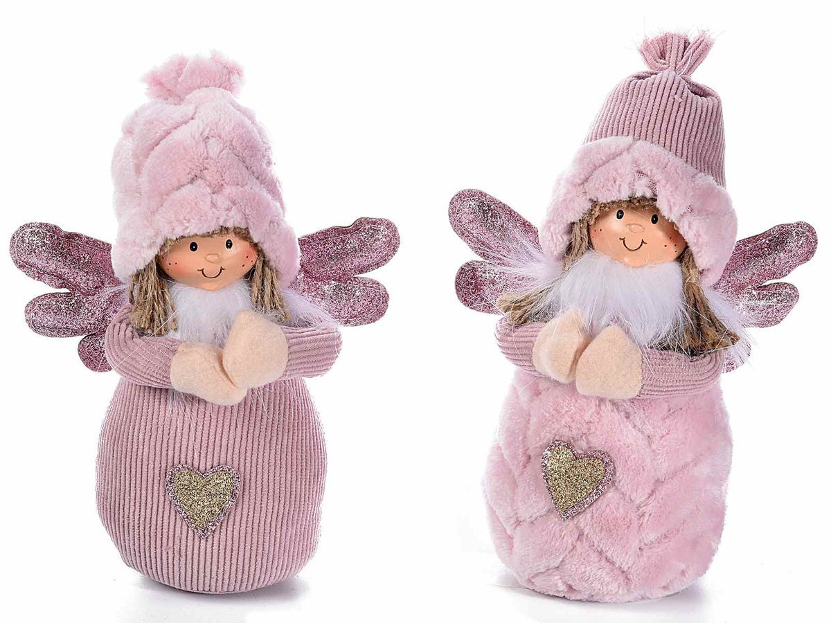 Angeli natalizi in velluto e peluche trapuntato con cappello, cuore e ali, set da 2 pezzi, cm 15 x 9 x 21,5 H