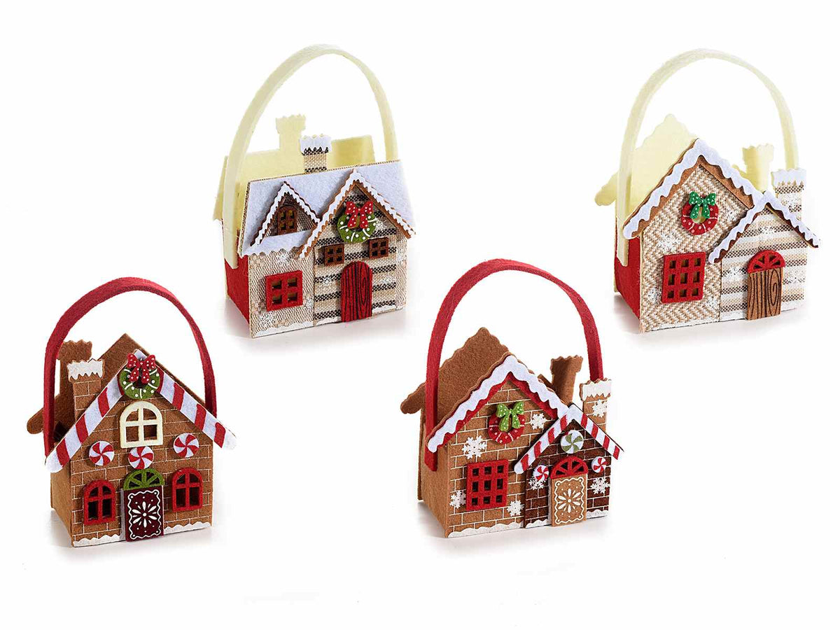 Borsette a casetta pan di zenzero in panno colorato con decori dolcetti natalizi, set da 8 pezzi, cm 13,5x6x12 H (c/manico17)