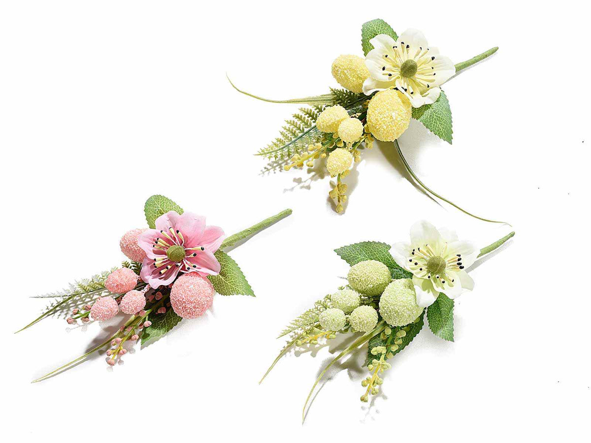 Mazzolini di anemoni colorati in stoffa e ovetti artificiali, set da 18 pezzi, cm 13 H (con gambo 18,5)