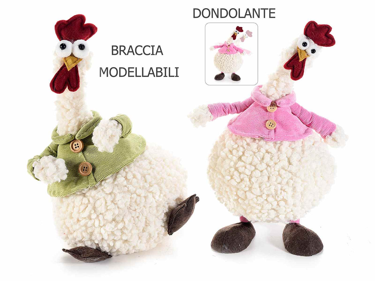 Galletti / galline pasquali dondolanti in stoffa con ricci e con braccia, set da 2 pezzi, cm 20 x 15 x 33 H