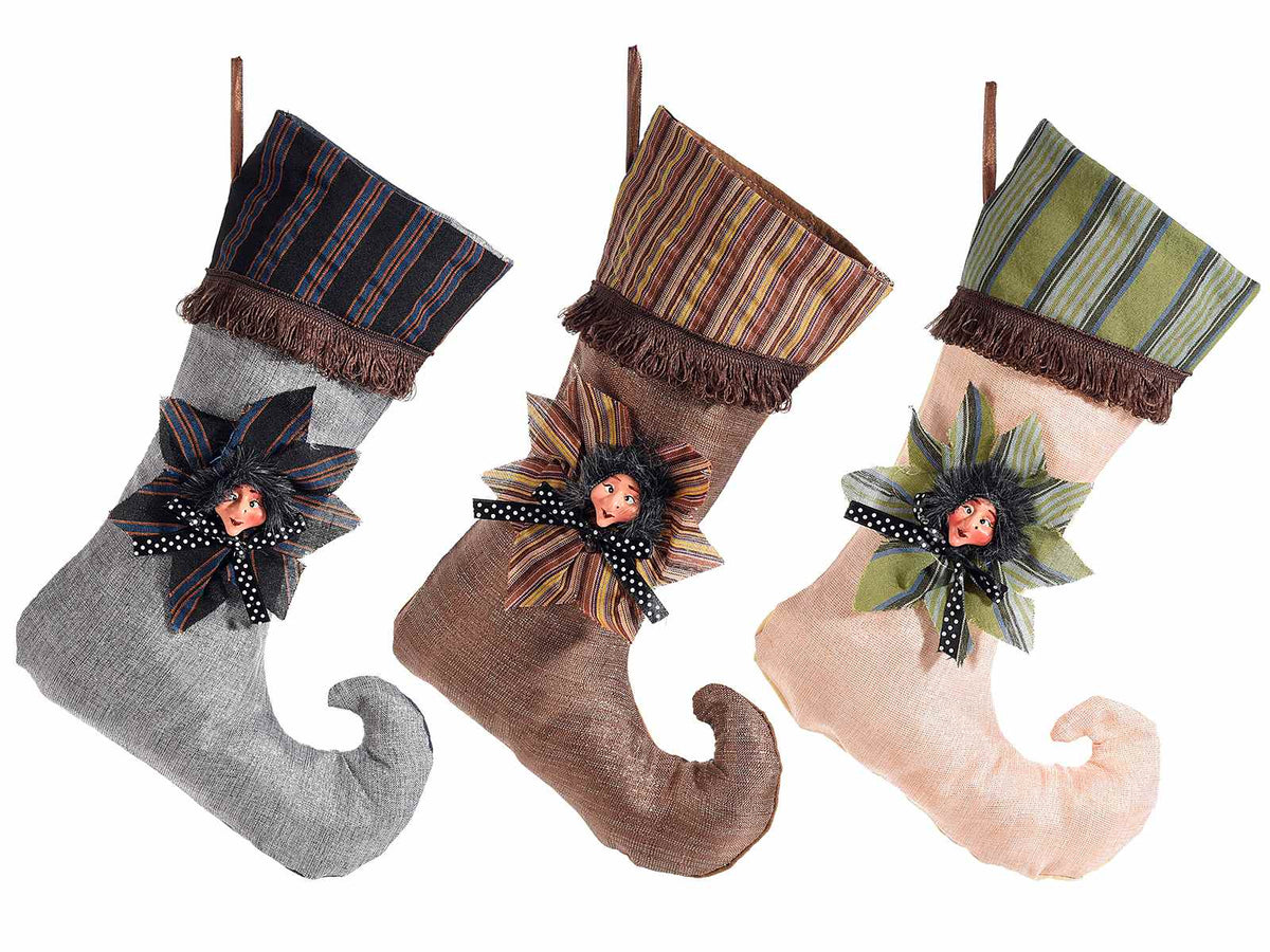 Calze in stoffa effetto lamé da appendere con decorazione Befana / strega, set da 9 pezzi, cm 25 x 35 H