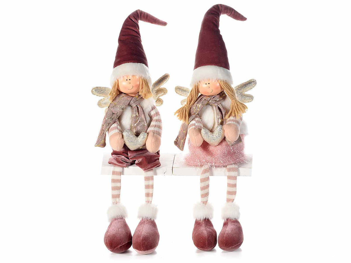 Angeli gambe lunghe in stoffa con ali, cappellino, sciarpina, cuoricino, set da 2 pezzi, cm 17x10x41 H (capp.esteso)