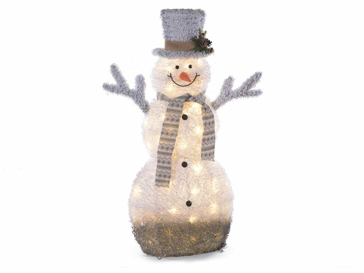 Pupazzo di neve con luci led bianco caldo in stoffa innevata. Decorazioni, cm 82 x 30 x 122 H