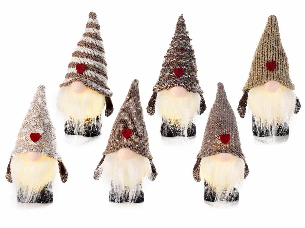 Gnometti Babbo Natale decorativi da appoggiare con barba lunga, cuoricino, set da 6 pezzi, cm7x6,5x16,5H (capp.esteso)