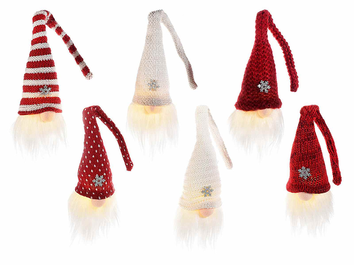 Babbo Natale con barba lunga, luce e cappello di lana con fiocco di neve decorativo, set da 6 pezzi, Ø5,5cmx27H (capp.esteso)