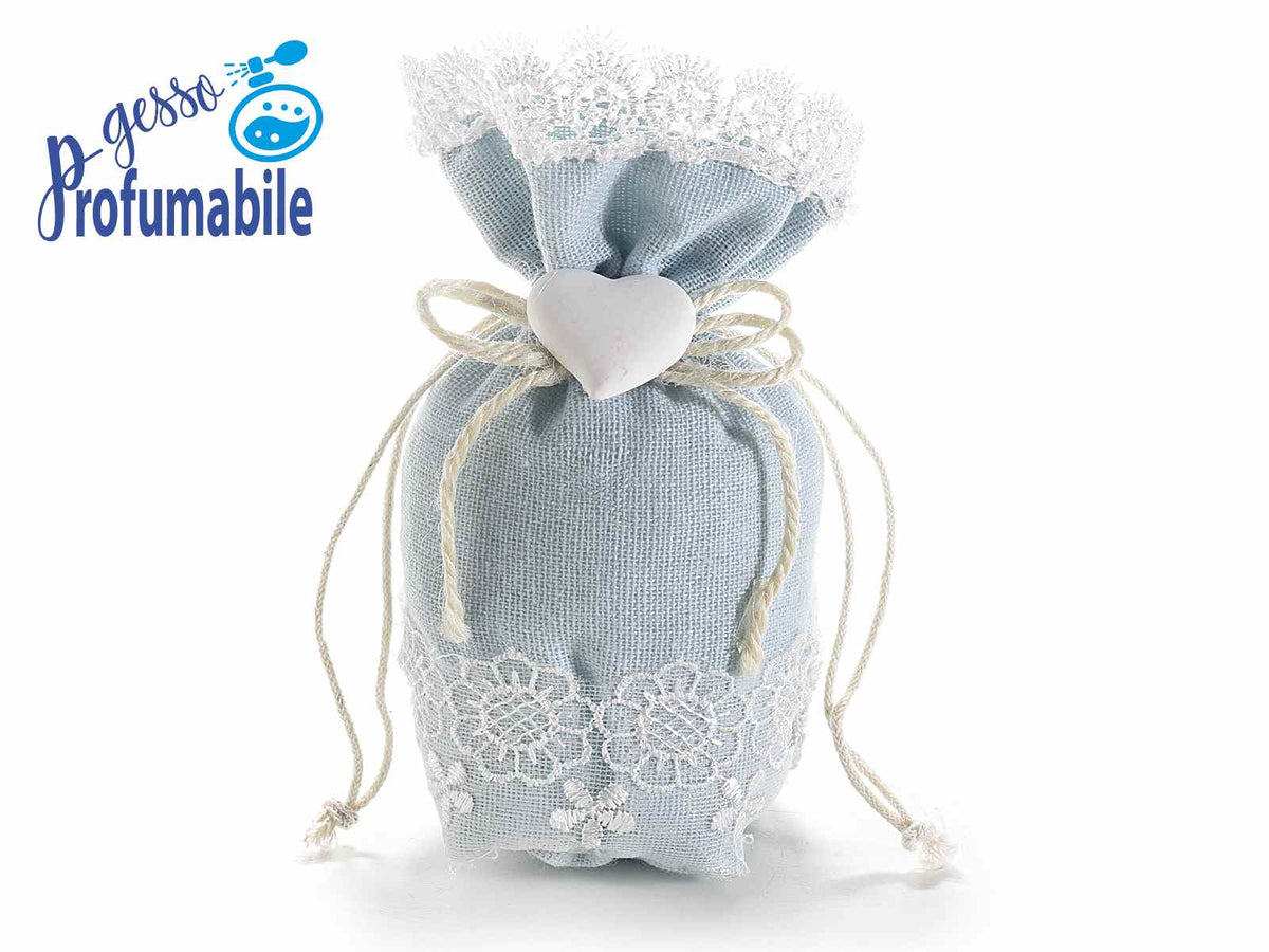 Sacchetti per bomboniere in stoffa azzurra con pizzo bianco, cuore in gesso, set da 20 pezzi, Aperto: cm 10 x 4 x 15 H