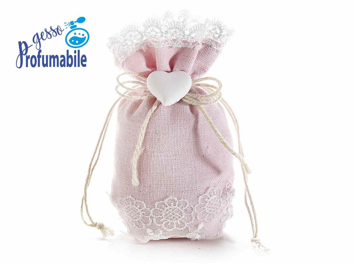 Sacchetti per bomboniere in stoffa rosa con pizzo, cuore in gesso profumabile, set da 20 pezzi, Aperto: cm 10 x 4 x 14 H