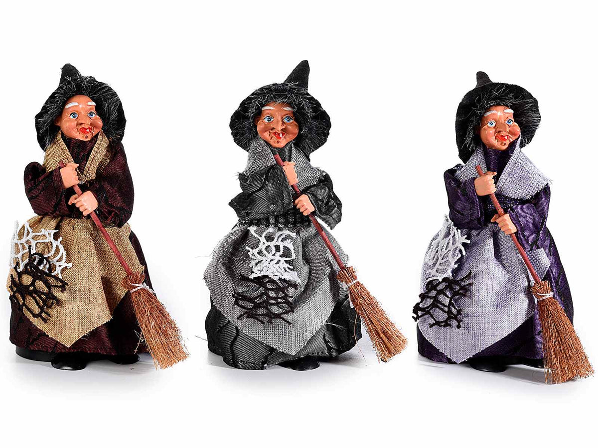 Streghe e Befane in stoffa e resina con scopa e contenitore porta dolci ideale, set da 9 pezzi, cm9,5x11x18H (capp.esteso)