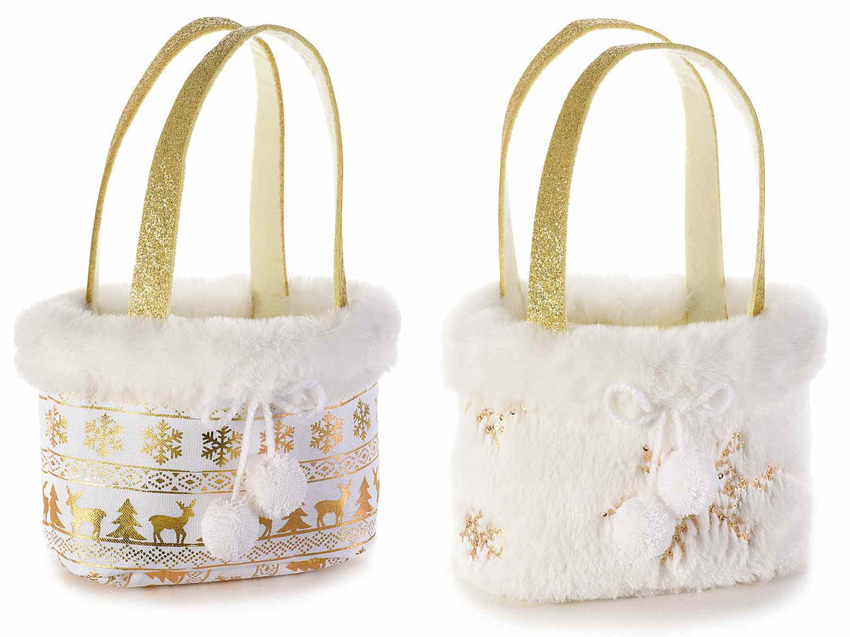 Borsette natalizie in panno con pompon e bordo in eco pelliccia, dettagli, set da 8 pezzi, cm 16x8x12 H (con manici 25)