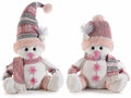 Pupazzi di neve rosa di peluche con sciarpa, cappello in maglia e bottoni, set da 2 pezzi, cm 21 x 16 x 42 H (seduto)