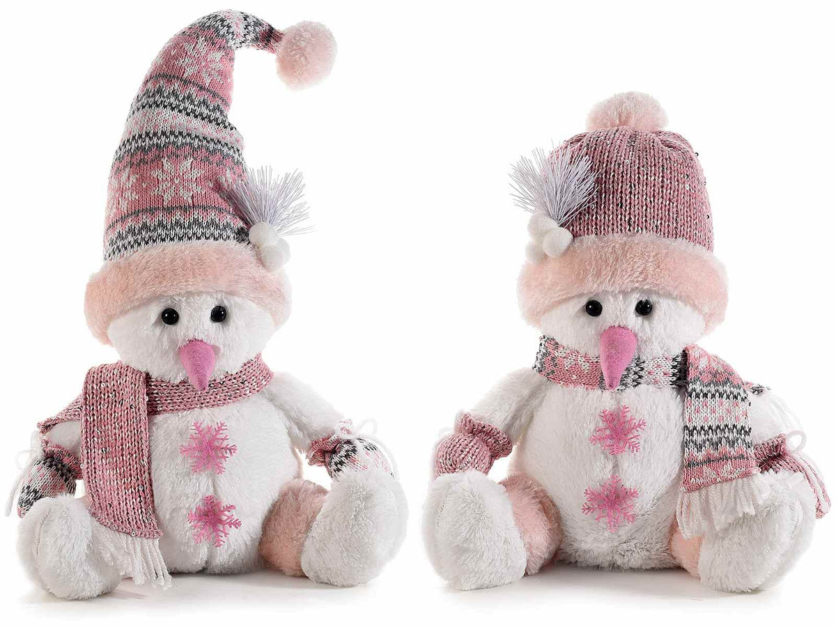 Pupazzi di neve rosa di peluche con sciarpa, cappello in maglia e bottoni, set da 2 pezzi, cm 21 x 16 x 42 H (seduto)