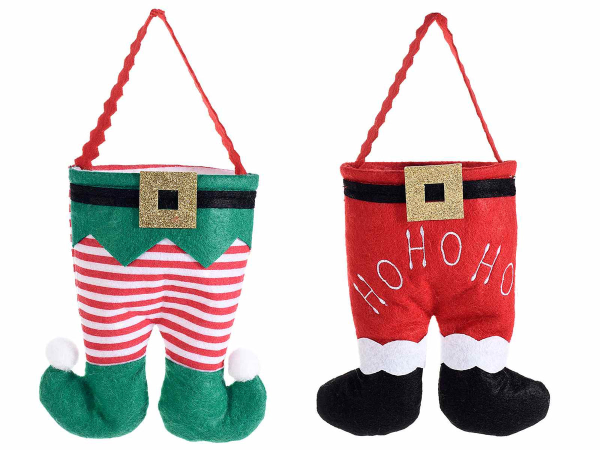 Borsette regalo di Natale in panno a forma di pantalone Babbo Natale ed elfo, set da 12 pezzi, cm 17 x 18 H (con manico 26)