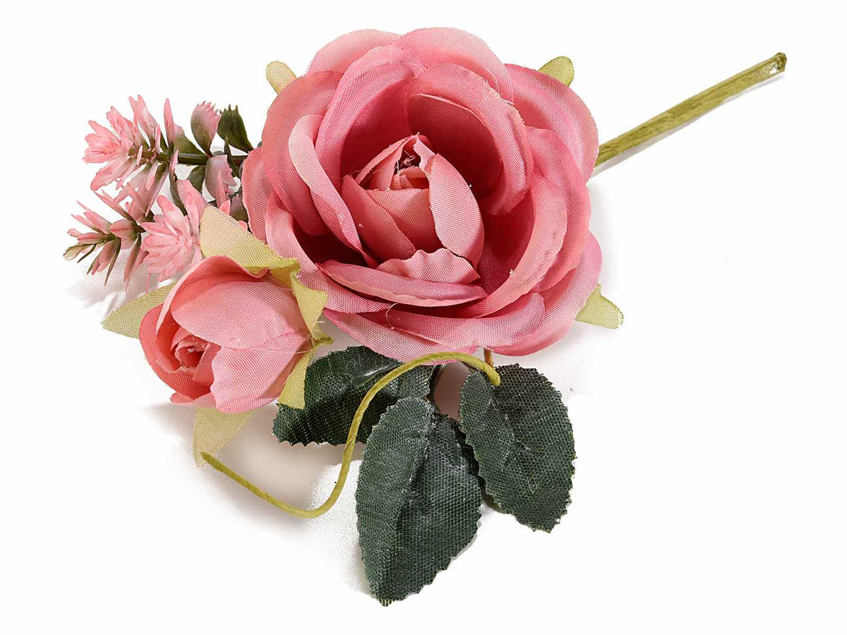 Rose in stoffa con bocciolo e fiorellini artificiali, set da 16 pezzi, cm 9 H (con gambo 15)