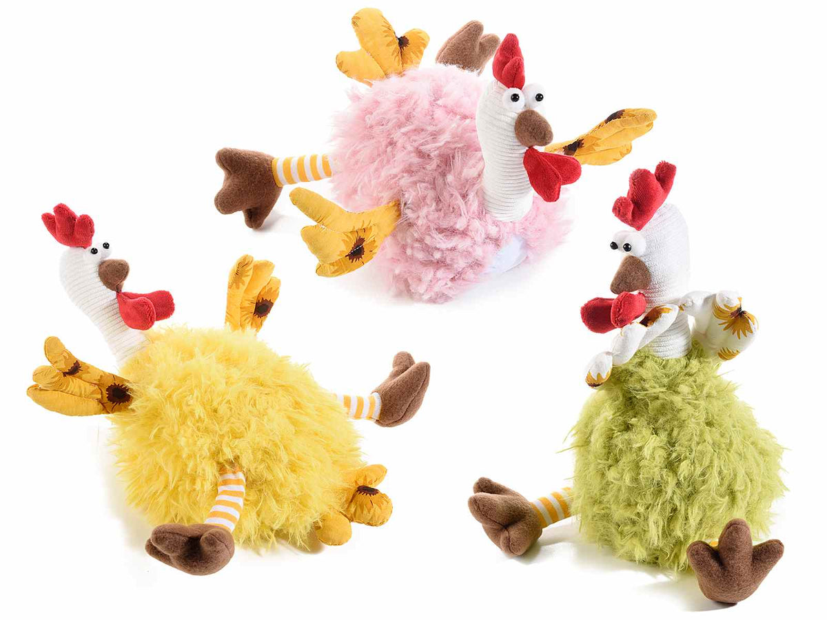 Gallinelle decorative da appoggiare con morbide piume in finto pelo colorato, set da 3 pezzi, cm 12 x 20 x 25 H