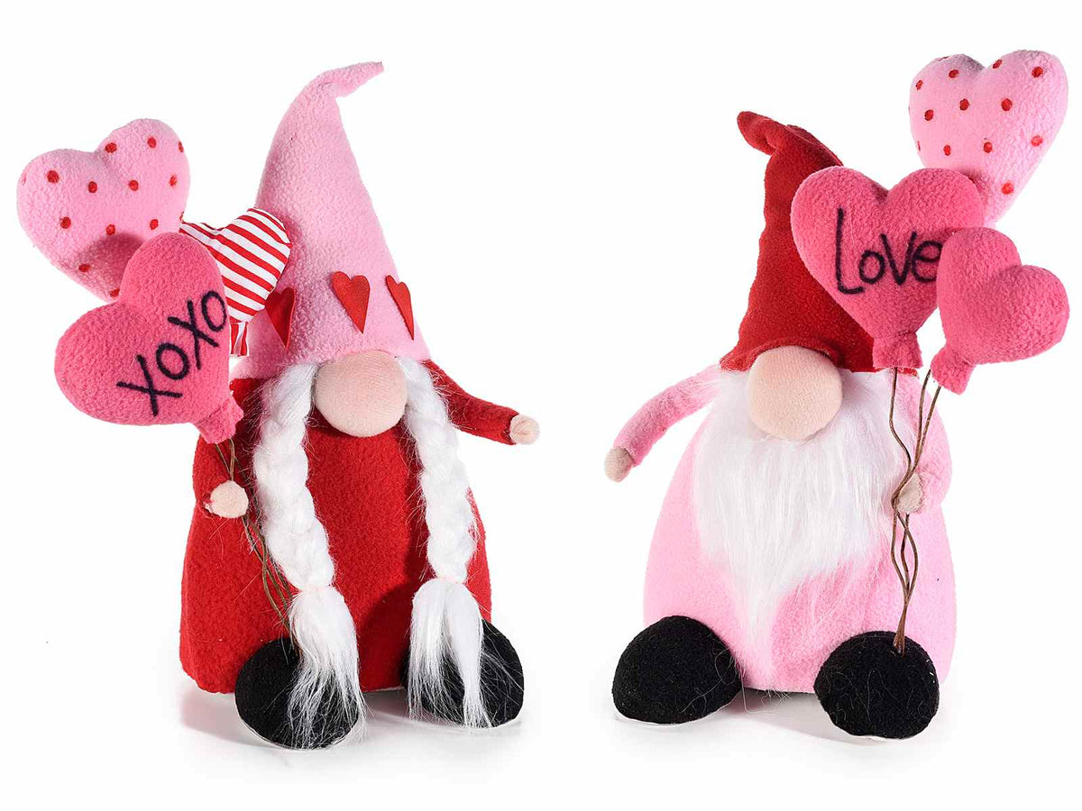 Gnomi innamorati in stoffa con palloncini a forma di cuore colorati con scritta, set da 2 pezzi, cm 16x12x26 H (capp.esteso)