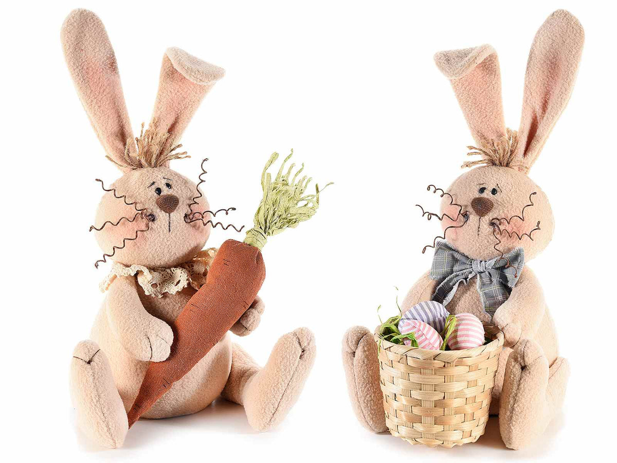Coniglietti pasquali con carota e cestino di uova in morbida stoffa, set da 2 pezzi, cm 15x19x30H (orecc.estese)