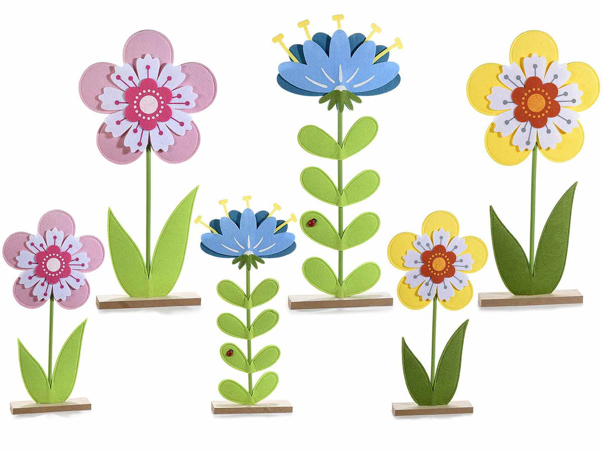 Set coppie di fiori primaverili colorati in panno con base in legno, set da 3 pezzi, Grande: cm 26 x 5 x 59 H