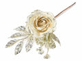Rose artificiali pick bianche in stoffa con bordo e foglie glitterate, set da 18 pezzi, cm 14 H (con gambo 24,5)