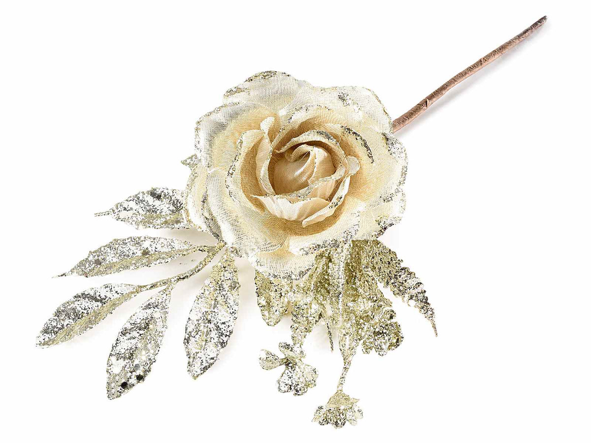 Rose artificiali pick bianche in stoffa con bordo e foglie glitterate, set da 18 pezzi, cm 14 H (con gambo 24,5)