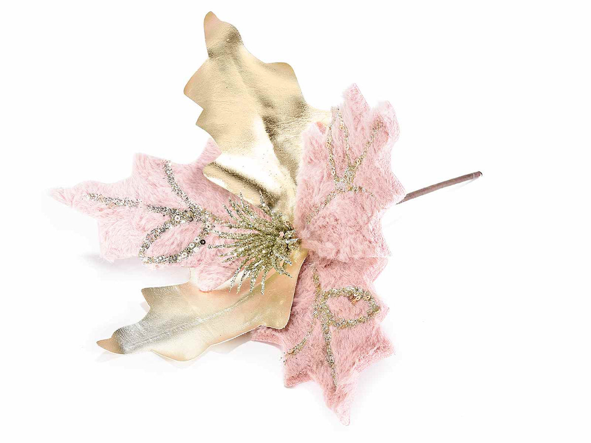 Stelle di Natale pick oro e rosa in morbida eco-fur con glitter oro, set da 16 pezzi, Ø 27 cm x 20 H