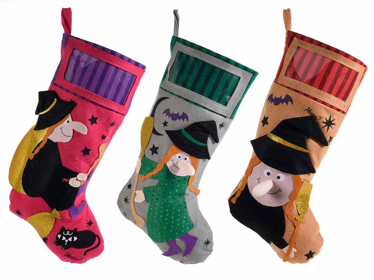 Calze portadolci in panno con tasca per etichetta e decori Befana applicati, set da 6 pezzi, cm 25 x 45 H
