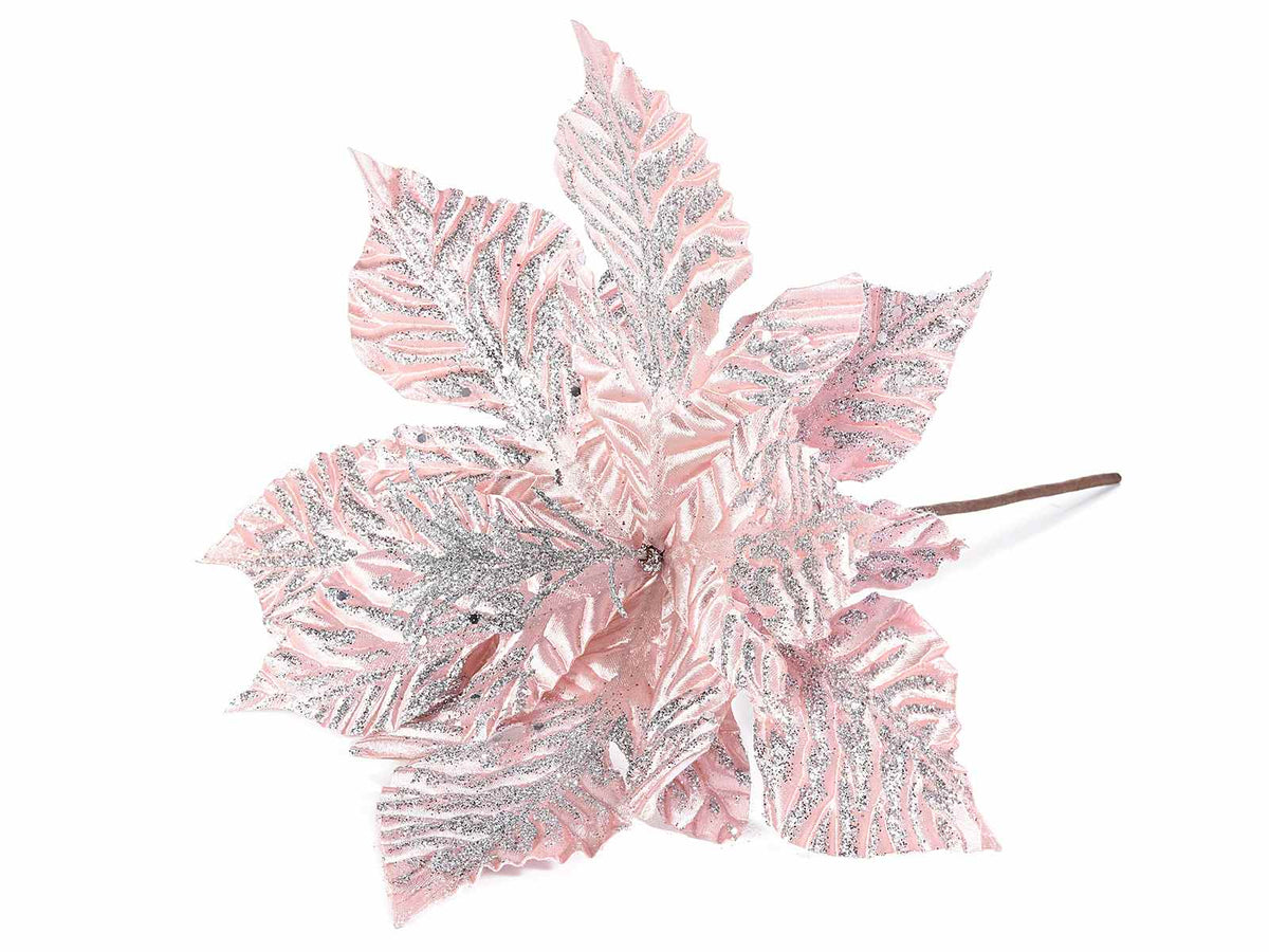 Stelle di Natale in stoffa rosa pick con glitter argentati, set da 12 pezzi, Ø 30 cm x 32 H