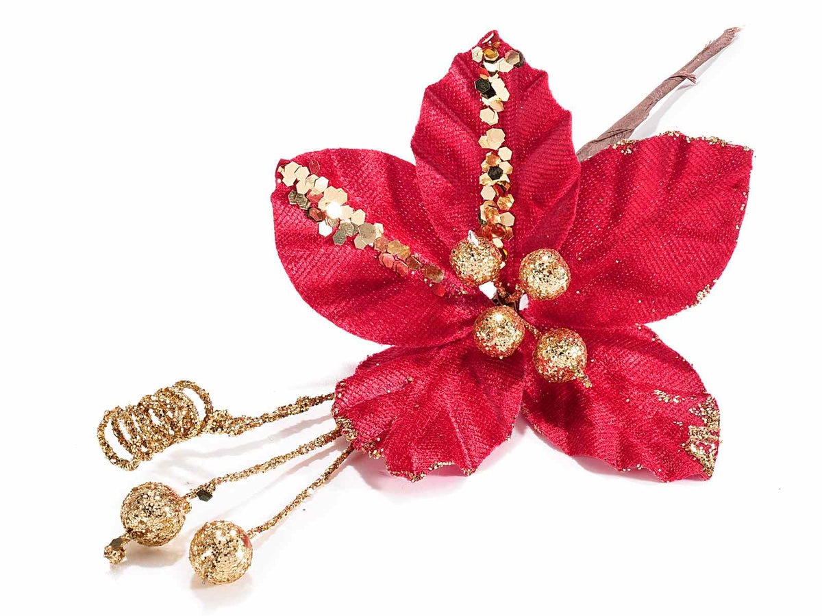 Stelle di Natale pick in stoffa con bacche e glitter dorati, set da 24 pezzi, cm 10 H (con gambo 20)