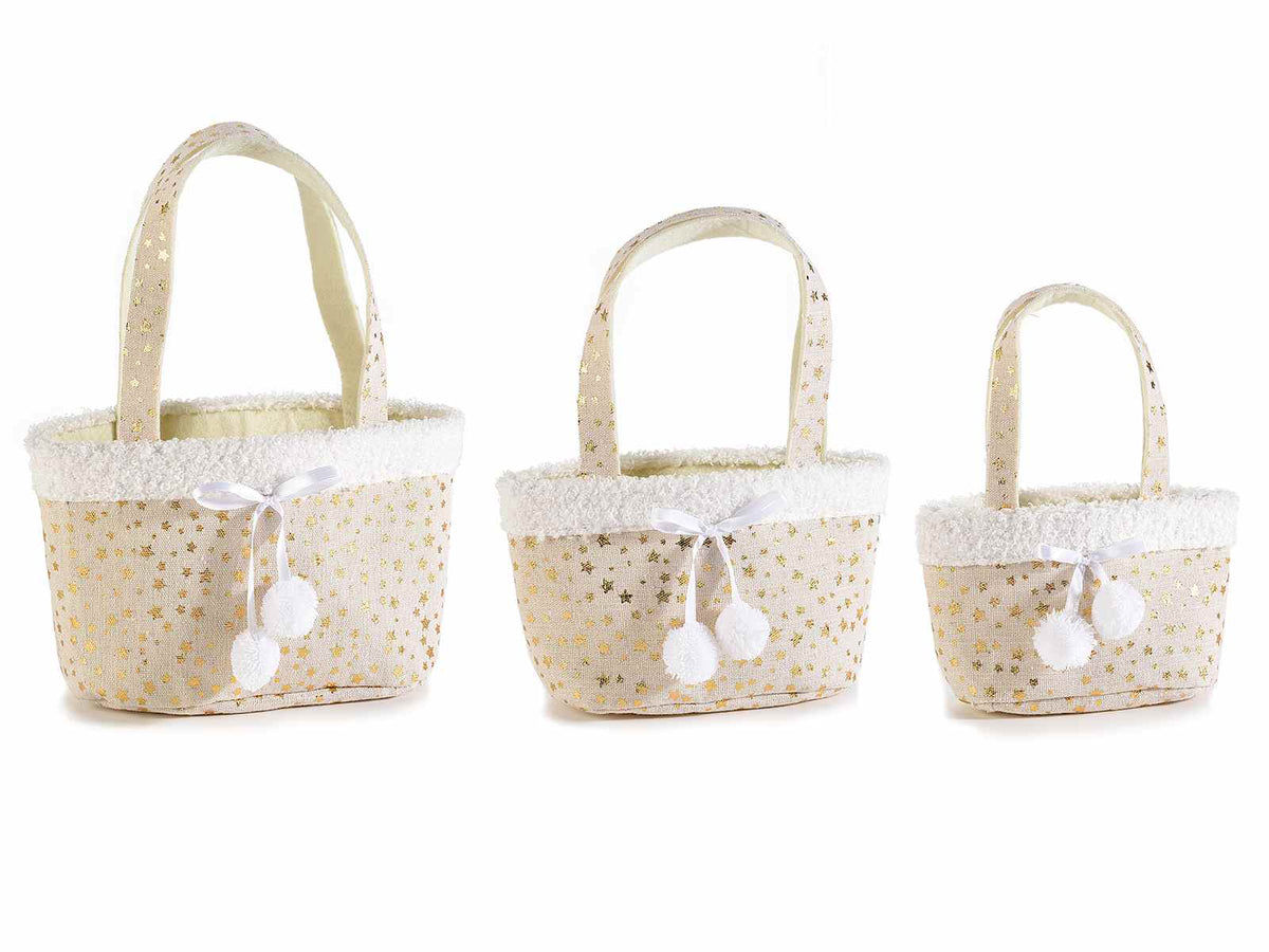 Borsette stoffa con decori dorati e pompondimensioni, set da 2 pezzi, Grande: cm 19 x 11 x 14,5 H