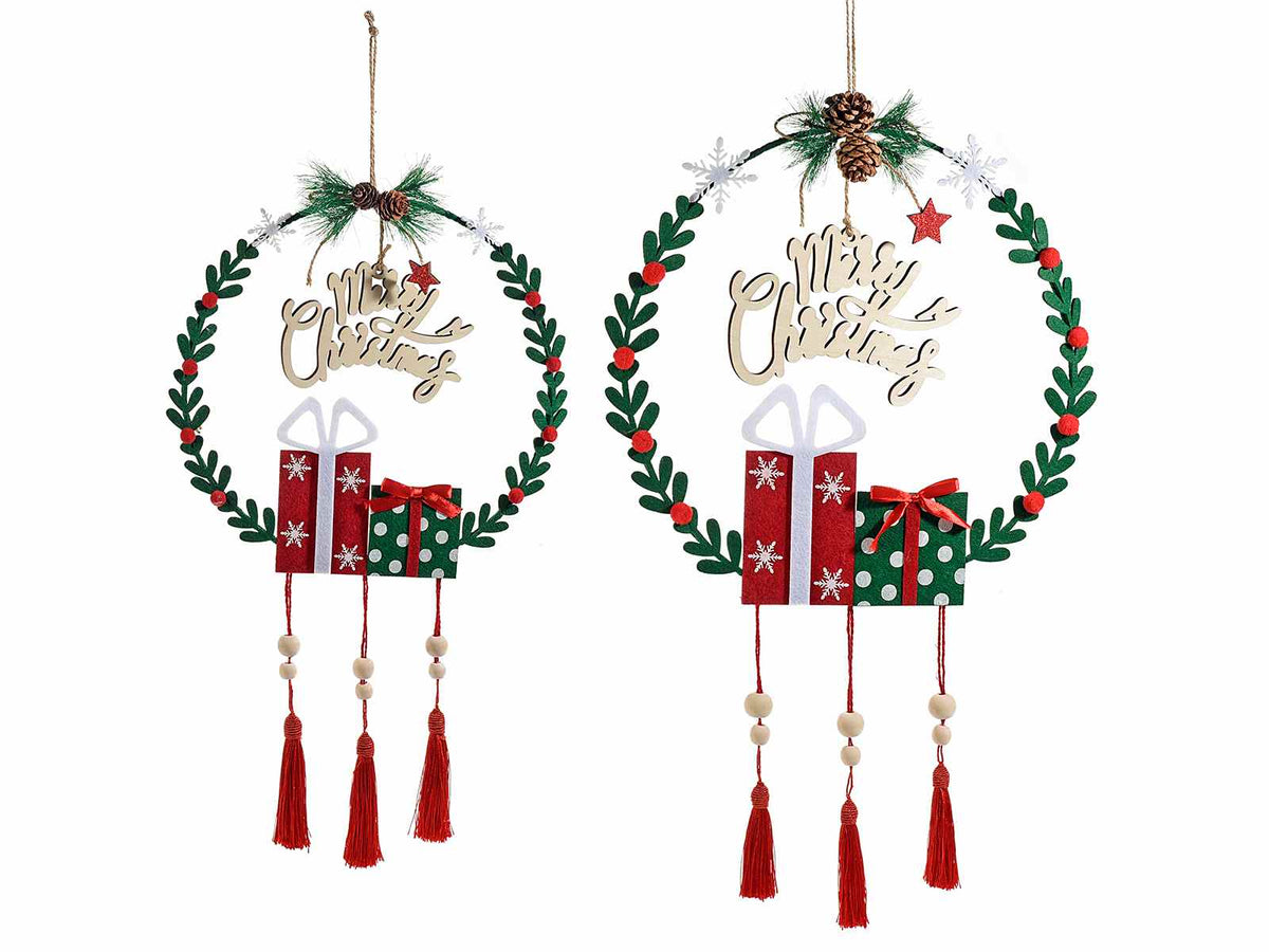 Ghirlande natalizie in panno con scritta Merry Christmas e pendagli, Grande: Ø 33 cm