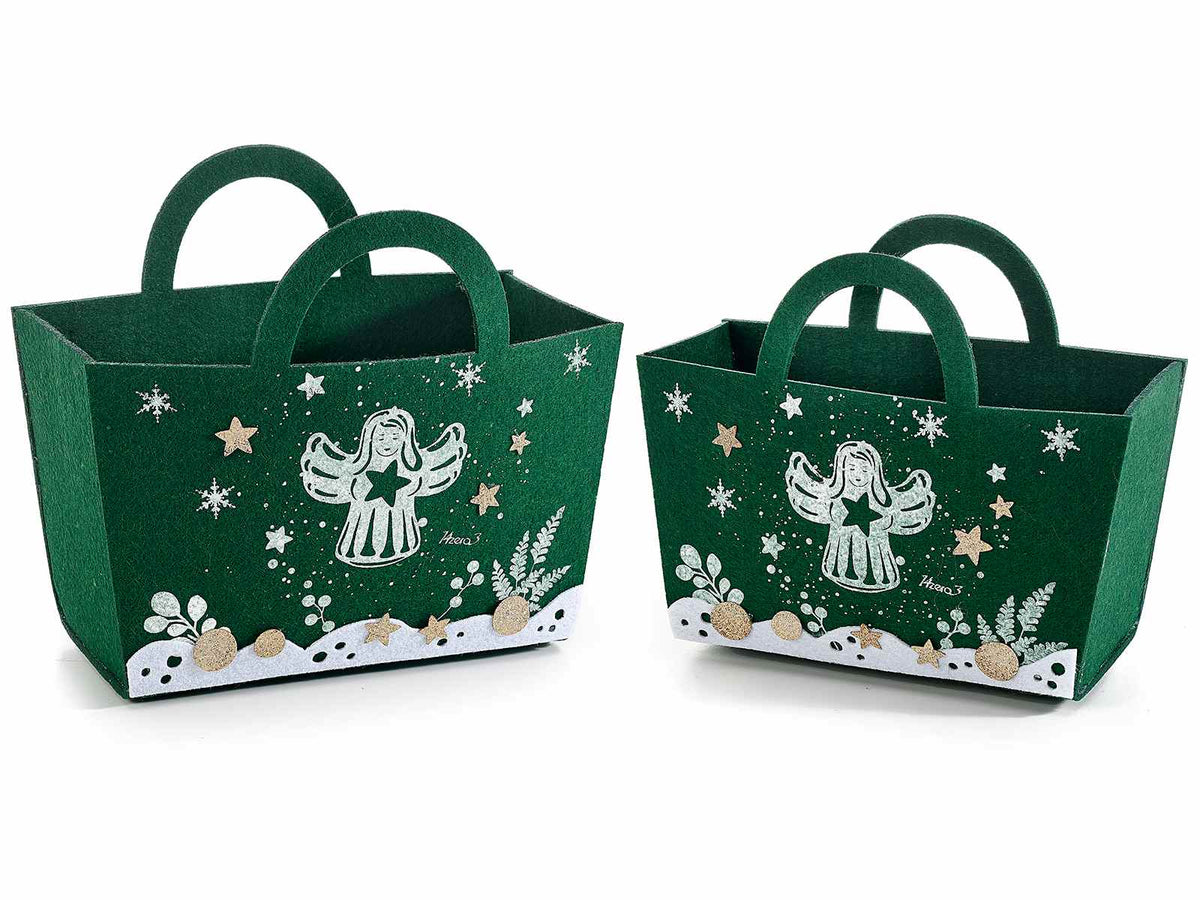 Borsette natalizie in panno verde con decorazioni ad angelo e stella, set da 2 pezzi, Grande: cm 24x10,5x14,5 H