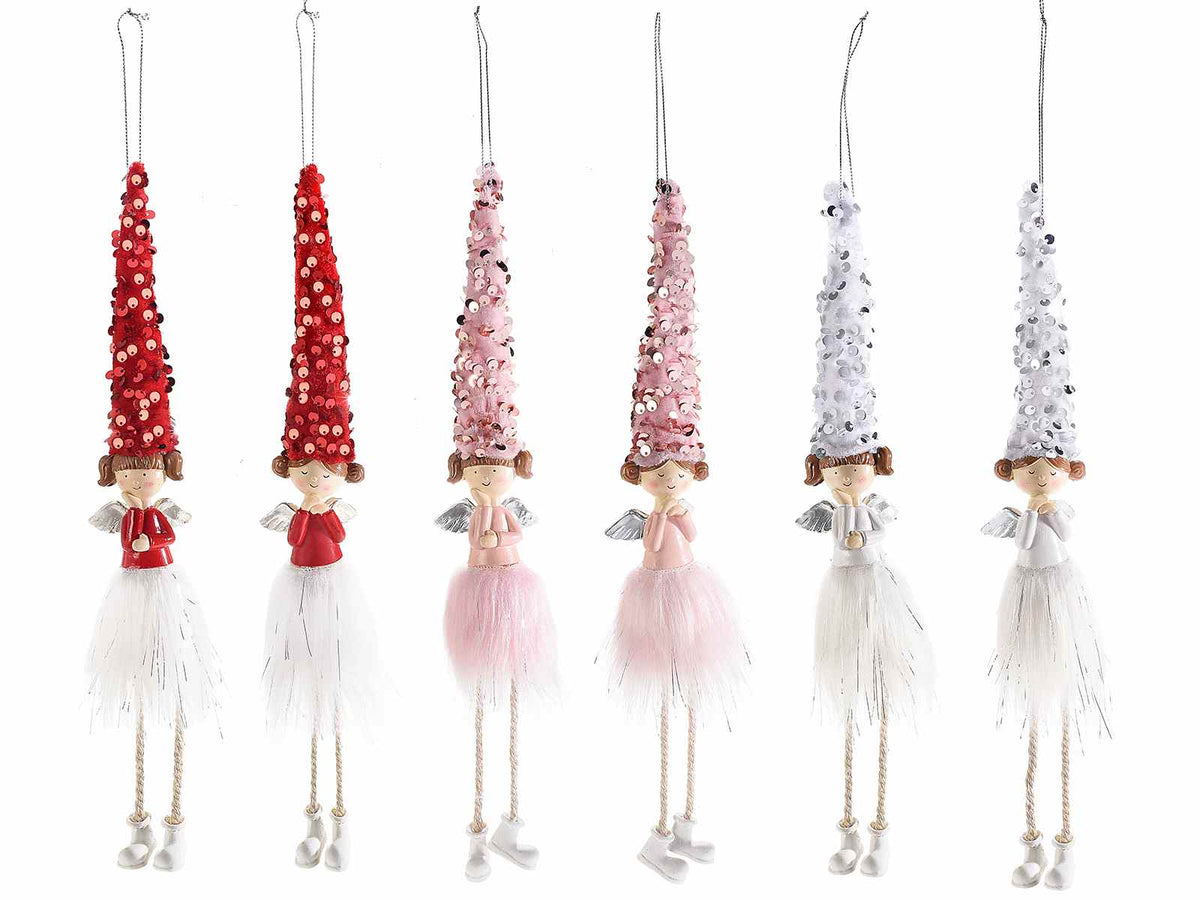 Angioletti in stoffa gambelunghe e cappello con paillettes e gonna in piume, set da 6 pezzi, Ø6cmx32H (capp. esteso)